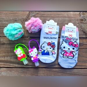 Hello Kitty Bundle Includes Socks, Sanitizers, & Pom Pom Bag Charm/Keychains NEW